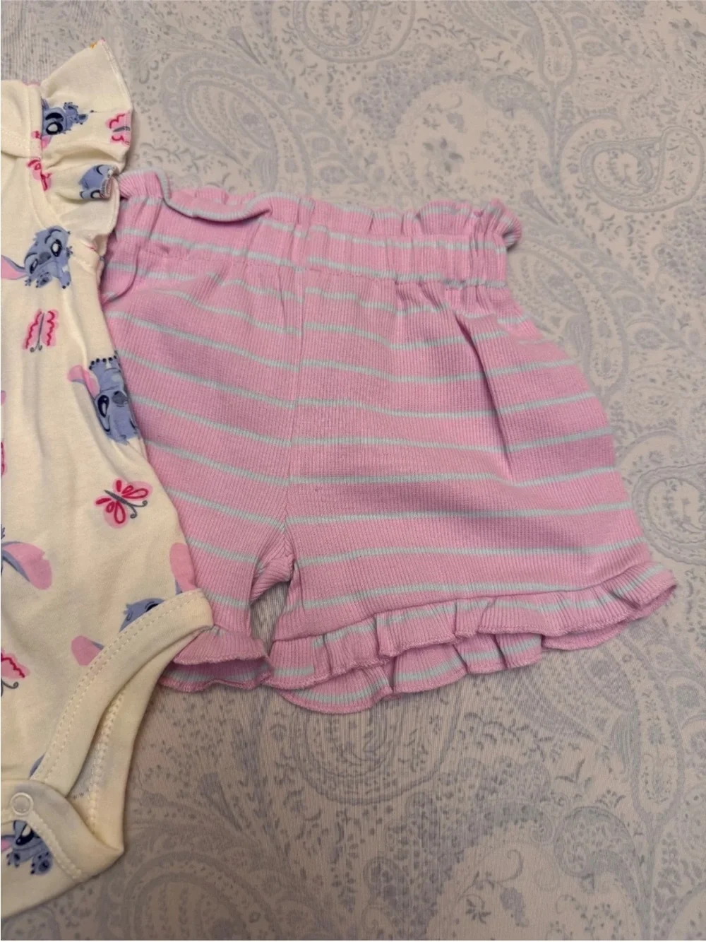 Disney Baby Infant 3 piece shorts outfit featuring baby Stitch and Scrump